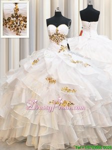 White Organza Lace Up Quinceanera Dress Sleeveless Floor Length Beading and Ruffled Layers