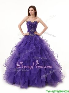 Elegant Purple Organza Lace Up Sweetheart Sleeveless Floor Length 15 Quinceanera Dress Beading and Ruffles