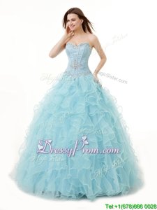 High End Organza Sweetheart Sleeveless Lace Up Beading and Ruffles Quince Ball Gowns inLight Blue