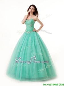 Sleeveless Chiffon Floor Length Lace Up Quinceanera Gowns inTurquoise forSpring and Summer and Fall and Winter withBeading and Ruching