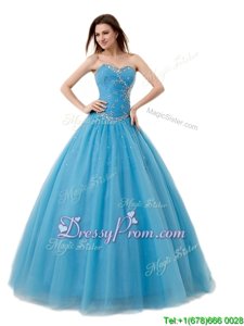 Shining Floor Length A-line Sleeveless Baby Blue 15 Quinceanera Dress Lace Up