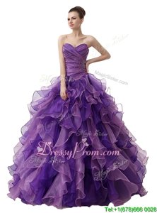Fantastic Purple Sweetheart Neckline Beading and Ruffles and Ruching Sweet 16 Dresses Sleeveless Lace Up