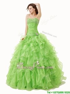 Custom Fit Sleeveless Floor Length Beading and Ruffles Lace Up Quinceanera Dresses with Spring Green