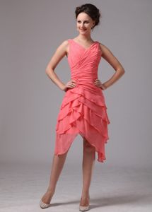 Ruched and Ruffled V-neck Quinceanera Dama Dress in Watermelon