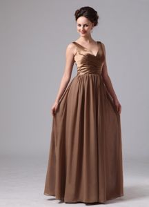 Brown V-neck Satin and Chiffon Quinceanera Dama Dress with Ruches