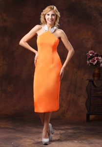 Orange Tea Length High Neck Quinceanera Dama Dress Criss Cross