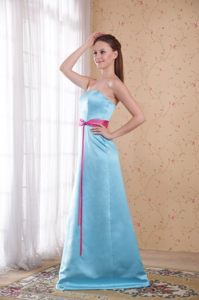 Hot Pink Sash Accent Brush Train Light Blue Quinceanera Dama Dress