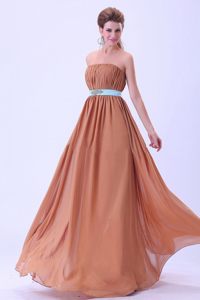 Ruched and Beaded Brown Chiffon Long Quinceanera Dama Dresses
