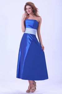 Royal Blue Strapless Sash Quinceanera Dama Dress of Tea Length