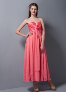 Strapless Empire Dama Dress with Hand-made Flower in Watermelon