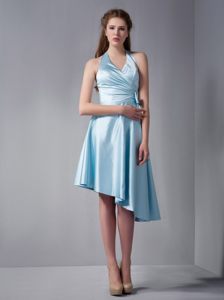 Sky Blue A-line Halter Top Dresses for Damas with Asymmetrical Hemline