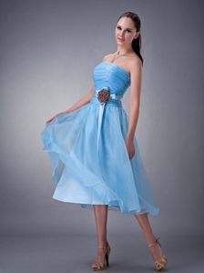 Baby Blue Organza Sweet 15 Dresses Ruches and Hand Made Flower