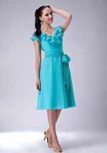 Chiffon V-neck Quinceanera Gown with Sash Tea-length in Vogue