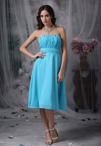 Strapless Aqua Blue Chiffon Empire Short Dama Dresses Ruched