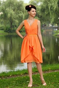 Knee-length Orange Chiffon 2013 Empire V-neck Ruched Prom Dress