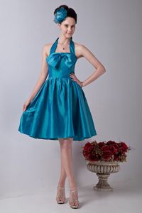 Teal Bowknot Halter Taffeta Short Quinceanera Dama Dresses 2013