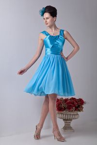 Aqua Blue Chiffon Knee-length Empire Straps Dama Dress Ruched