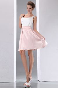 Taffeta Scoop Mini-length A-line Dama Dress in White and Pink