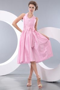 Pink Halter Tea-length Taffeta Dama Dress with Beads and Bow