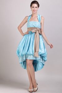 High-low Aqua Blue Halter Taffeta Appliques Bowknot Dama Dress