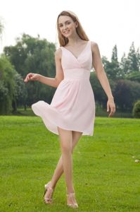 Baby Pink Ruche Empire Chiffon V-neck Dama Dress in Mini-length