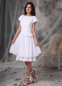 Short White Bateau Chiffon Sashed Prom Dress with Short Sleeves