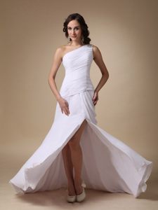 White One Shoulder Prom Holiday Dress with High Slit and Beading