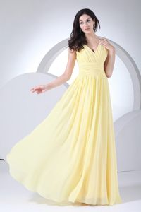 V-neck Ruches Light Yellow Chiffon Floor-length Prom Nightclub Dress