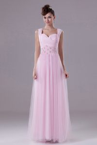 Straps Beading Ruches Tulle Pink Floor-length Dresses For Prom Night