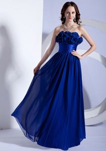 Hand Made Flowers Strapless Blue Ruches Chiffon Prom Party Dresses