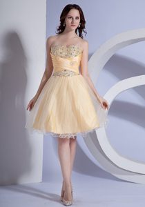 Beading Strapless Ruched Light Yellow Mini-length Prom Bridesmaid Dress