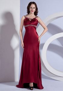 Straps Beaded Burgundy Taffeta Prom Celebrity Dress with Brush Train