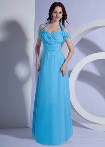 Aqua Blue Halter Floor Length Chiffon Prom Dresses with Ruches