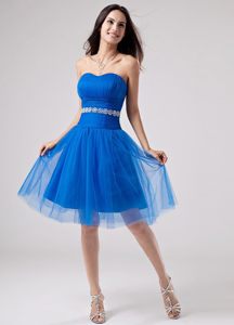 Sweetheart Beading Ruches Blue Knee-length Tulle Dresses For Prom Party
