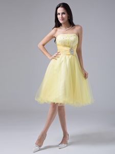 Light Yellow Strapless Beading Ruches Organza Prom Graduation Dress