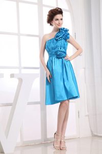 One Shoulder Hand Made Flowers Aqua Blue Ruched Prom Formal Gown