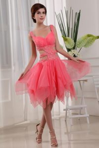 Waist Cut Straps Beading Watermelon Prom Dress with Asymmetrical Hem