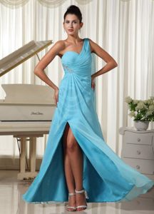 Cheap Ruched Slitted one Shoulder Aqua Blue Prom Dresses