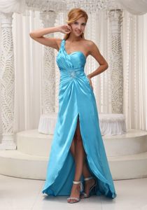 Ruched Slitted one Shoulder Aqua Blue Dresses for Prom Princess