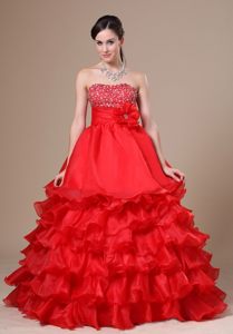 A-Line Strapless Beaded Ruffled Red Prom Dress on Discount