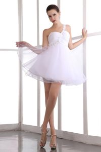 One Shoulder Beading Organza White Mini-length Prom Dress