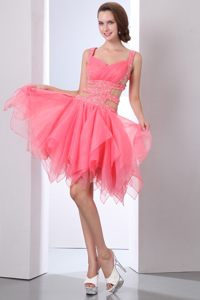 Watermelon Symmetrical Beaded Prom Evening Dresses with Cutouts