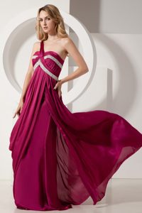Beaded and Ruched Fuchsia One Shoulder Chiffon Prom Evening Dress