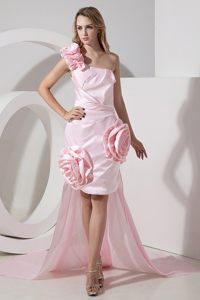 Sassy one Shoulder High-low Flowers Baby Pink Prom Dresses