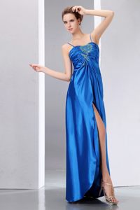 Surprising Spaghetti Straps Royal Blue Beaded Ruched Prom Dress
