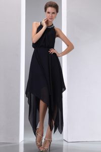 Exquisite Halter Top Black Prom Dress with Asymmetrical Hem