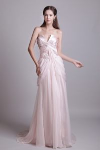 Pink Empire v Neck Prom Evening Dress with Brush Train and Ruches