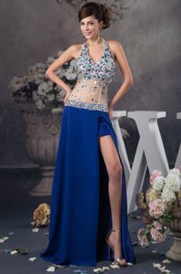 Blue Halter Top Rhinestones Slitted Prom Dress with Sheer Waist