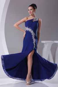 one Shoulder Slitted Appliqued Royal Blue Prom formal Dress