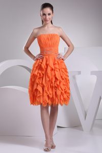 Ruffled and Ruched Orange Dresses for Prom Princess with Beading